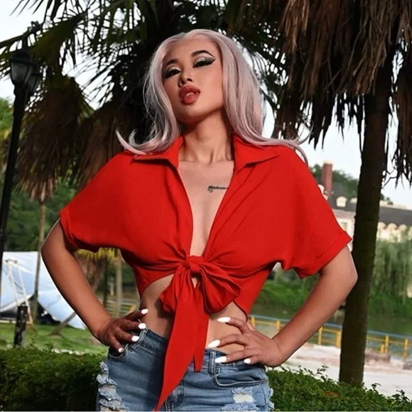 GOBLES Summer Short Sleeve Shirt V Neck with Tie Knot Batwing Blouse NIP Size:S - Picture 1 of 8